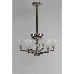 Art Deco Modernist Chrome Chandelier With 6 Branches, France, Circa 1930
