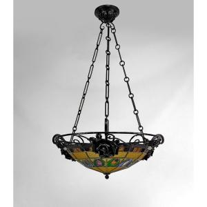 Art Deco Wrought Iron Chandelier By Augustin Louis Calmels, France, Circa 1920