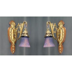 Pair Of Rococo / Louis XV Wall Lamps In Gilt Bronze, Walnut Bases And Glass Tulips, France,
