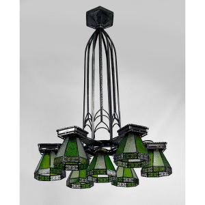 Important Wrought Iron Chandelier, Art Deco Gothic, France, Circa 1920