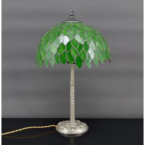 Palm Tree Lamp In Silver Bronze And Foliage Lampshade In Green Stained Glass, Art Nouveau, France 