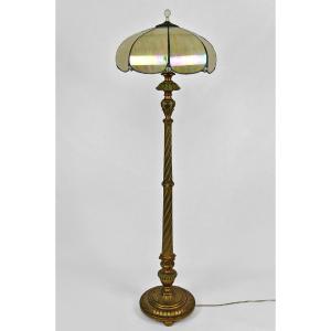Floor Lamp In Carved Golden Wood And Pearly Glass Lampshade, Art Deco, France, Circa 1920