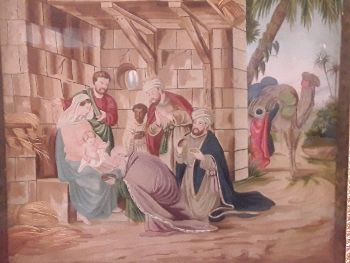 Large Three Wise Men Silk Diorama Circa 1820-photo-3