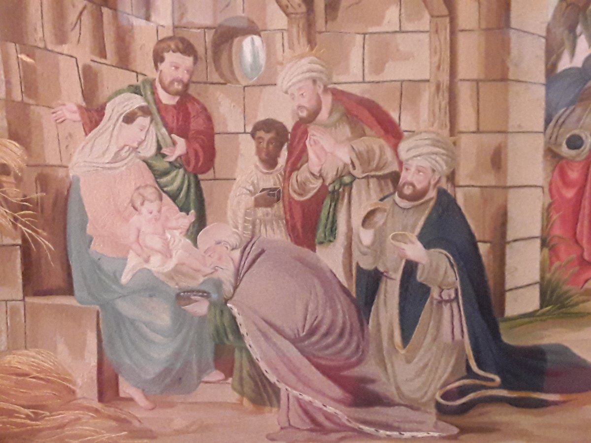 Large Three Wise Men Silk Diorama Circa 1820-photo-4