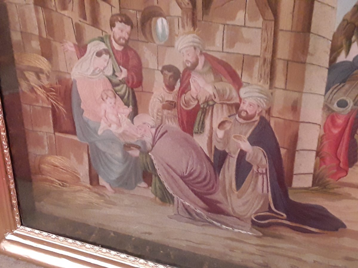 Large Three Wise Men Silk Diorama Circa 1820-photo-5