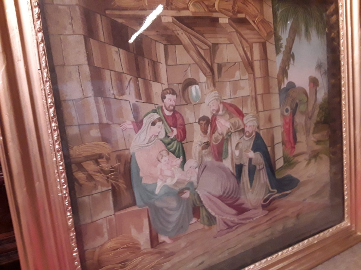 Large Three Wise Men Silk Diorama Circa 1820-photo-7