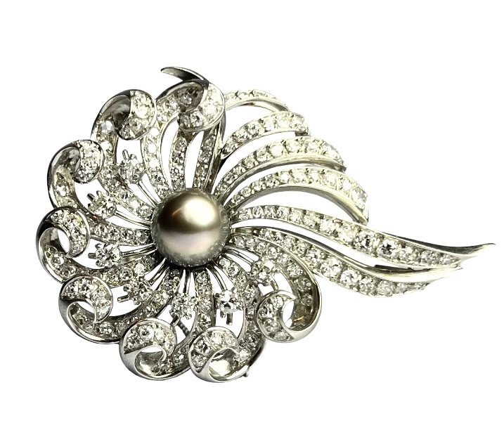 Art-deco Pearl And Diamond Brooch
