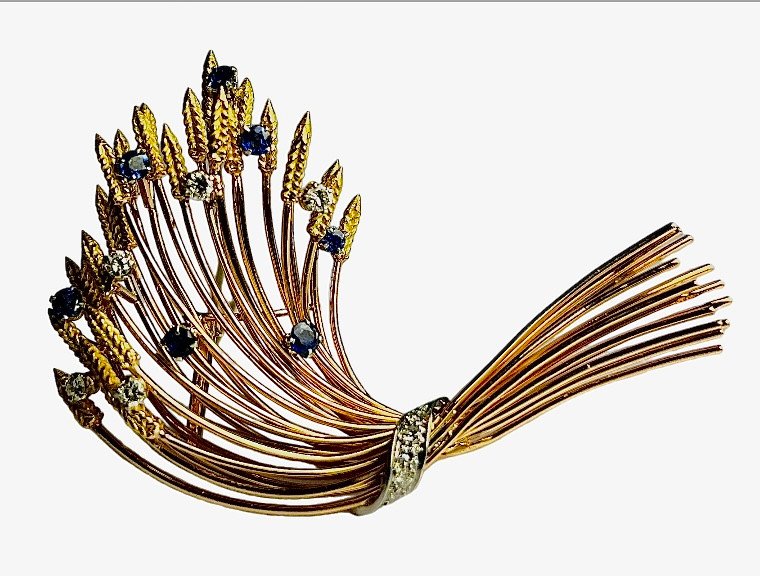 Broche Epi De Blé Diamants Et Saphirs 1960