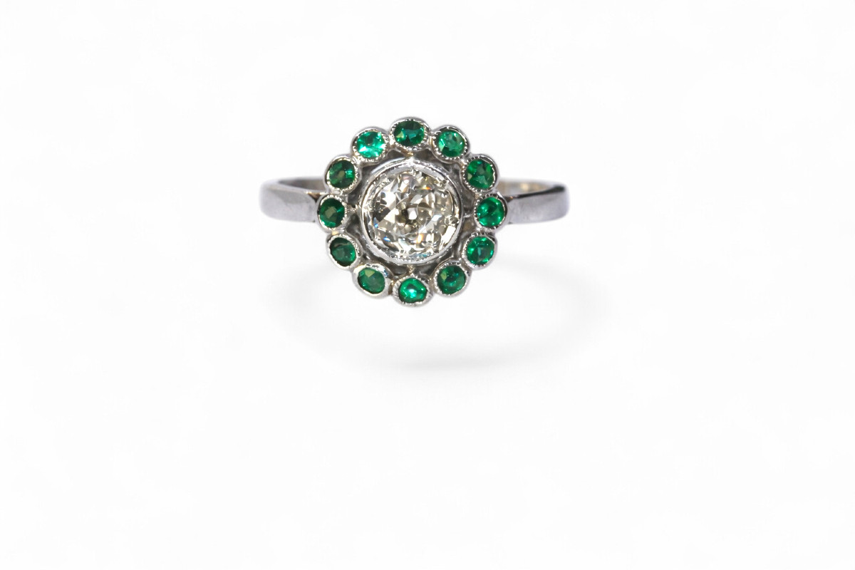 Art-deco Diamond And Emerald Ring
