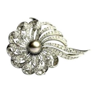 Broche Perle Et Diamants Art-déco