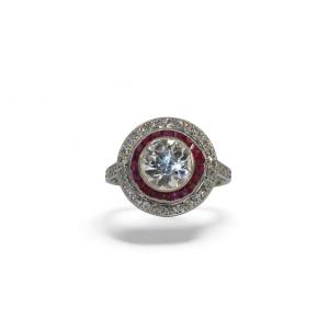 Art-deco Ring With Calibrated Diamonds And Rubies