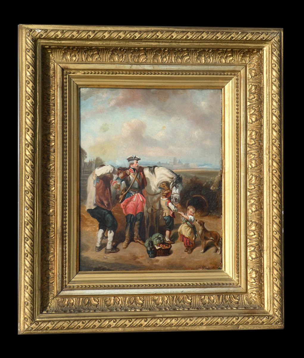 Oil On Canvas, Genre Scene, Military On Horseback Nineteenth Eugène Le Poitevin, Napoleon III Golden Frame