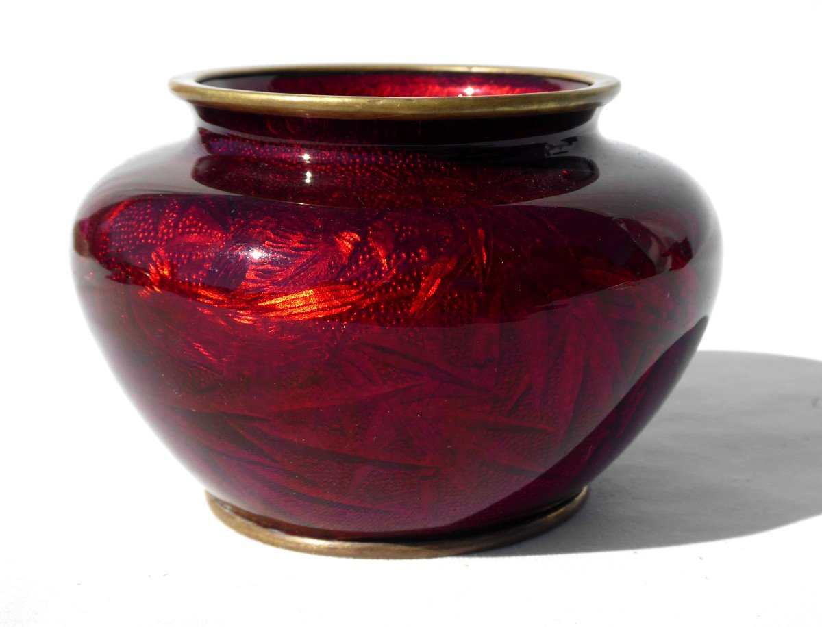 Japanese Akasuke Ginbari Vase 1880, Ruby Red Cloisonne, Bird Decor, Meiji Nineteenth Email-photo-2