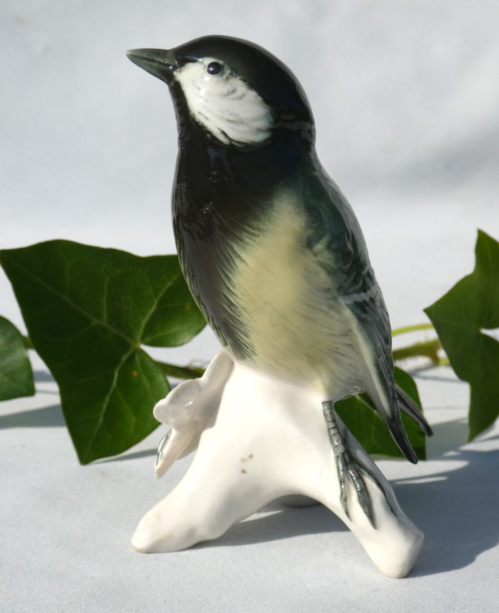 Oiseau Branché En Porcelaine , Karl Ens , Mesange Charbonniere , Style Art Deco 1930-photo-2