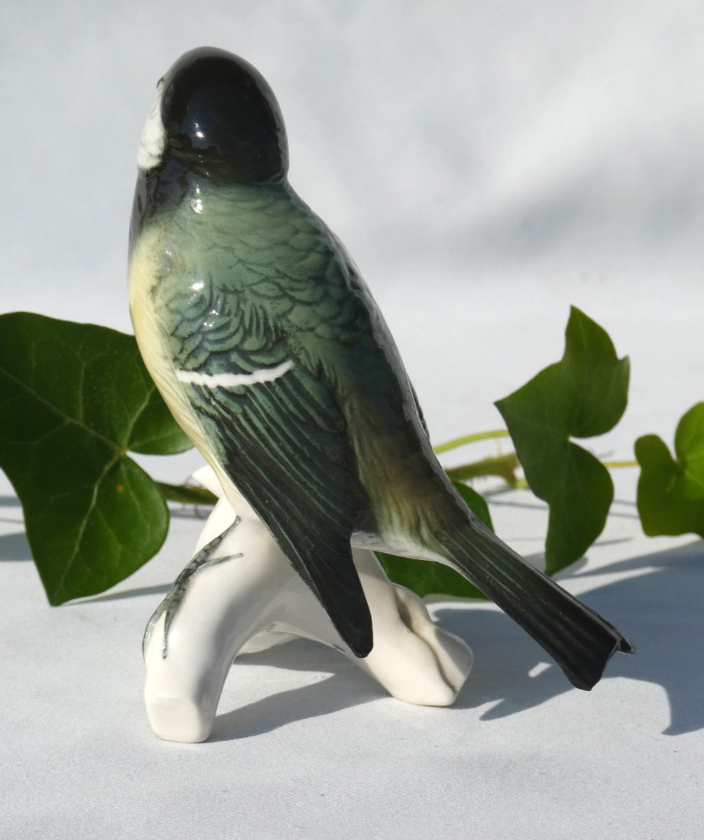 Oiseau Branché En Porcelaine , Karl Ens , Mesange Charbonniere , Style Art Deco 1930-photo-3