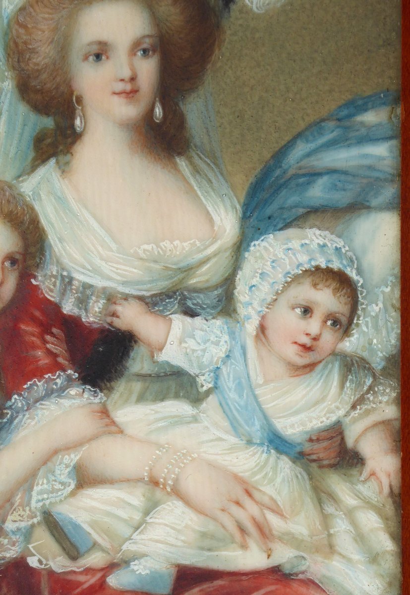 Large Miniature Watercolor Painting Portrait Of Queen Marie Antoinette & Her Children Nineteenth Lo-photo-2