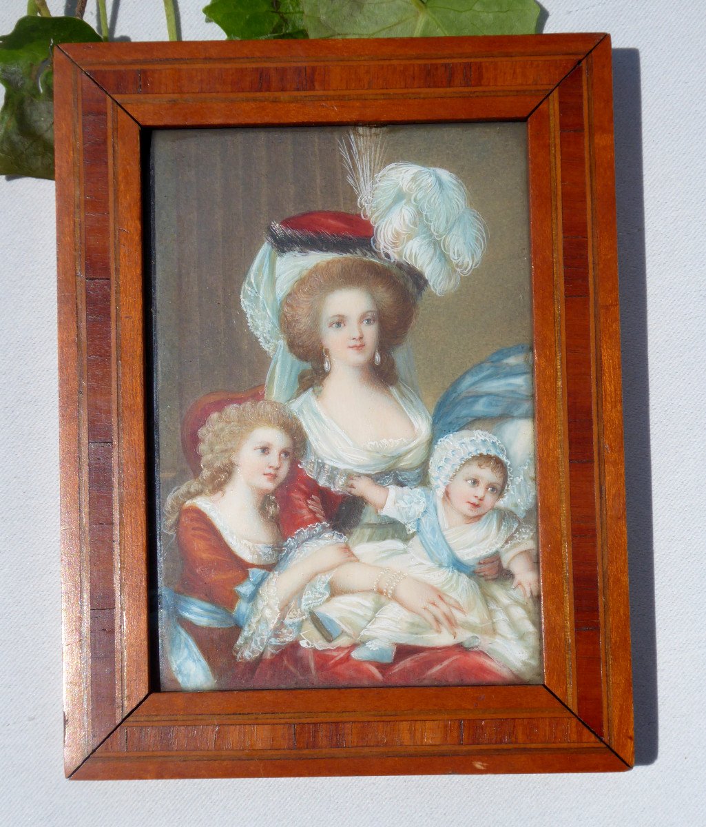 Grande Peinture Miniature Aquarelle Portrait De La Reine Marie antoinette & Ses Enfants XIXe Lo
