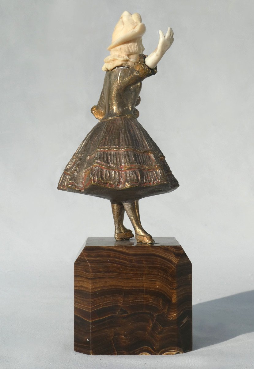 Sujet Chryselephantine 1920 , Jeune Fille Deguisée , Colombine , Mascarade Venise Bronze Argent-photo-2