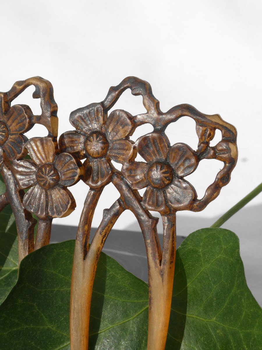 Parure De Cheveux époque Art Nouveau , Paire De Peignes 1900 , Barrette Bijou , Peigne Chignon en Corne-photo-3