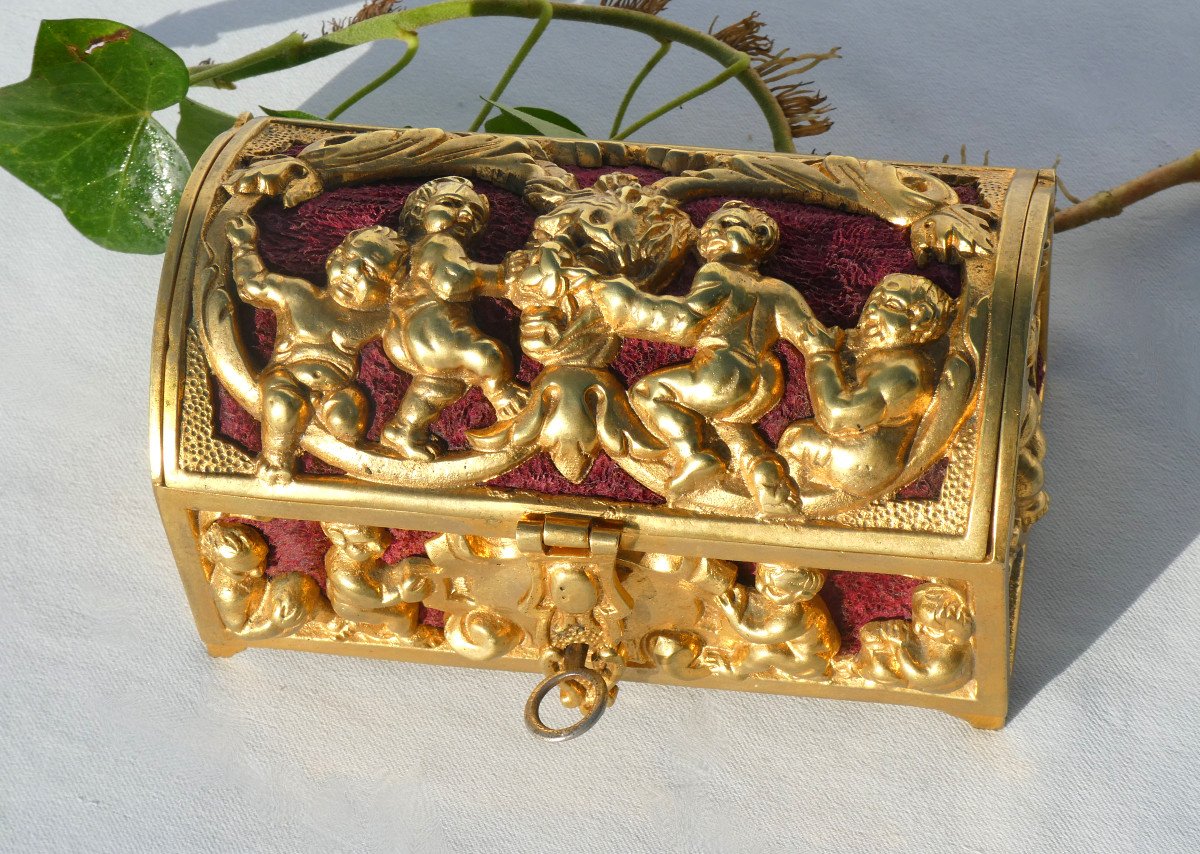 Coffret à Bijoux De Mariage époque Napoléon III , Style Neo Renaissance , Bronze Doré XIXe , écrin à Serrure-photo-3