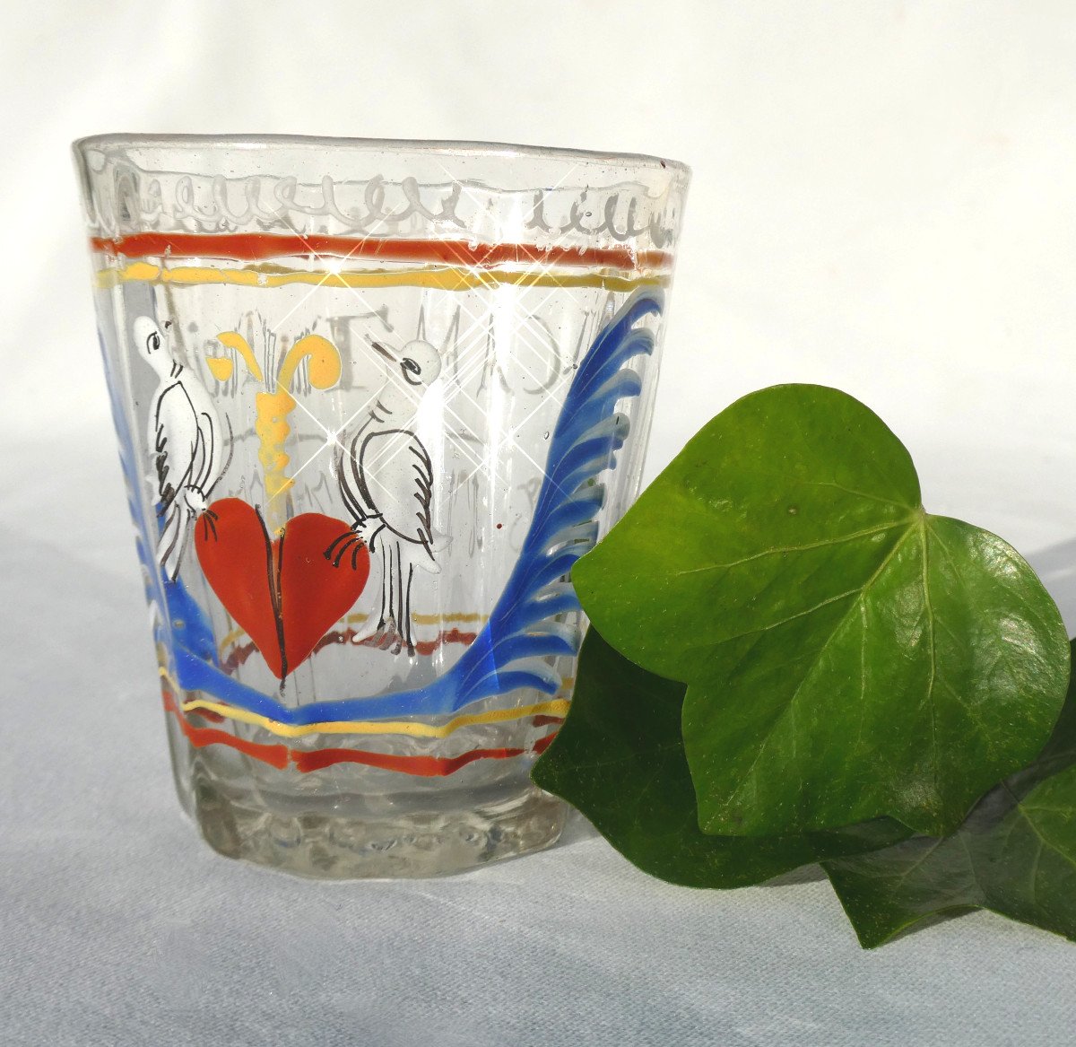 18th Century Glass Wedding Goblet, Decor Of Doves, Normandy / Germany-photo-2