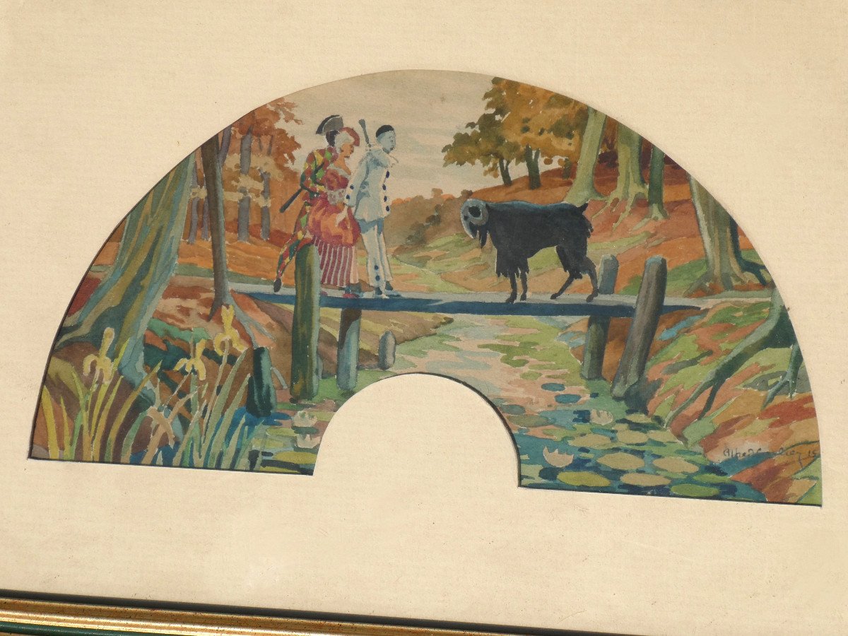 Series Of 5 Fan Projects, Watercolor Painting Signed Max Carlier 1911, The Love Life Of Pierrot Comedia Del Arte-photo-2