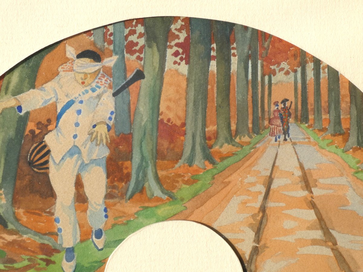Series Of 5 Fan Projects, Watercolor Painting Signed Max Carlier 1911, The Love Life Of Pierrot Comedia Del Arte-photo-1