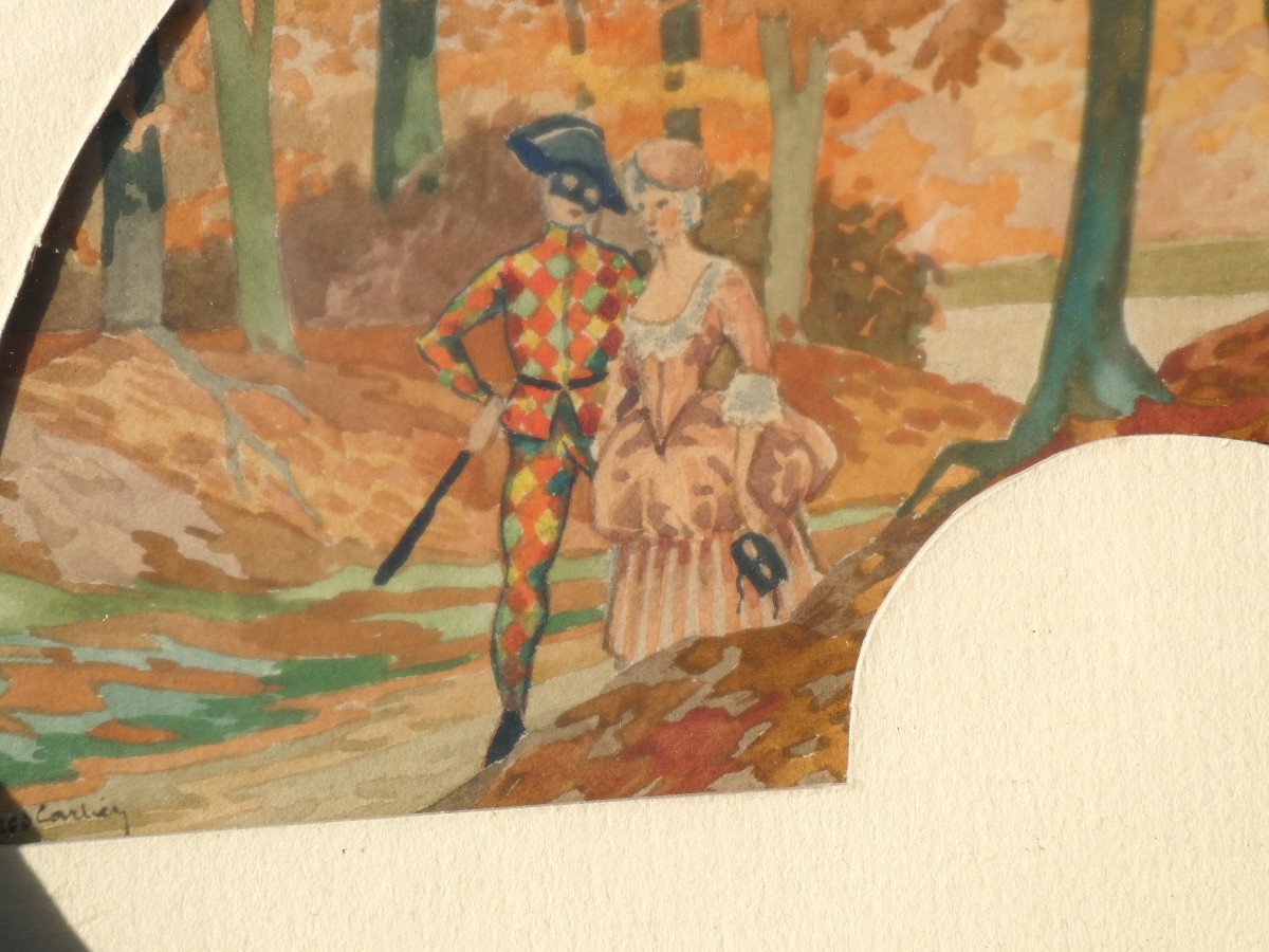 Series Of 5 Fan Projects, Watercolor Painting Signed Max Carlier 1911, The Love Life Of Pierrot Comedia Del Arte-photo-6