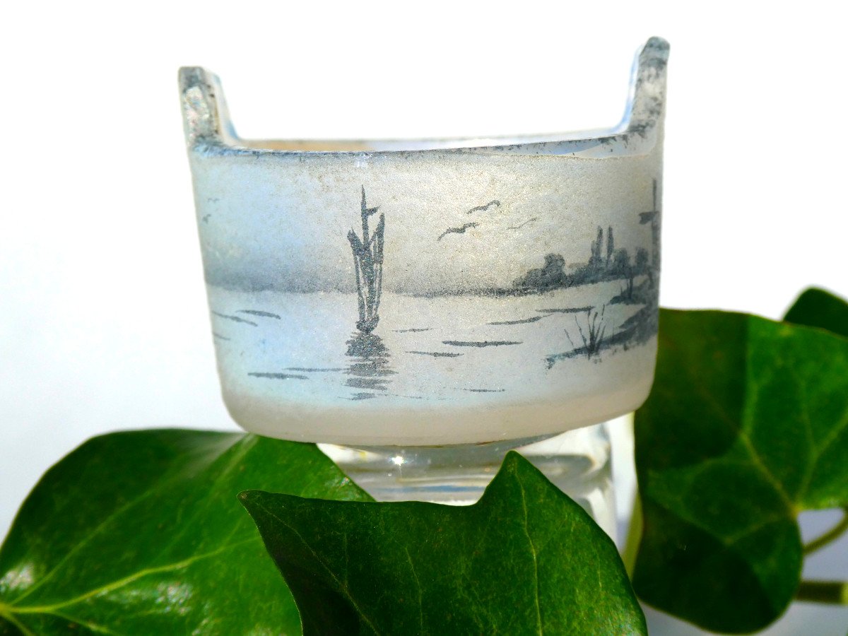 Vase Miniature , Daum Nancy , époque Fin XIXe Siecle , Décor Au Voilier , Panier Colporteur -photo-2
