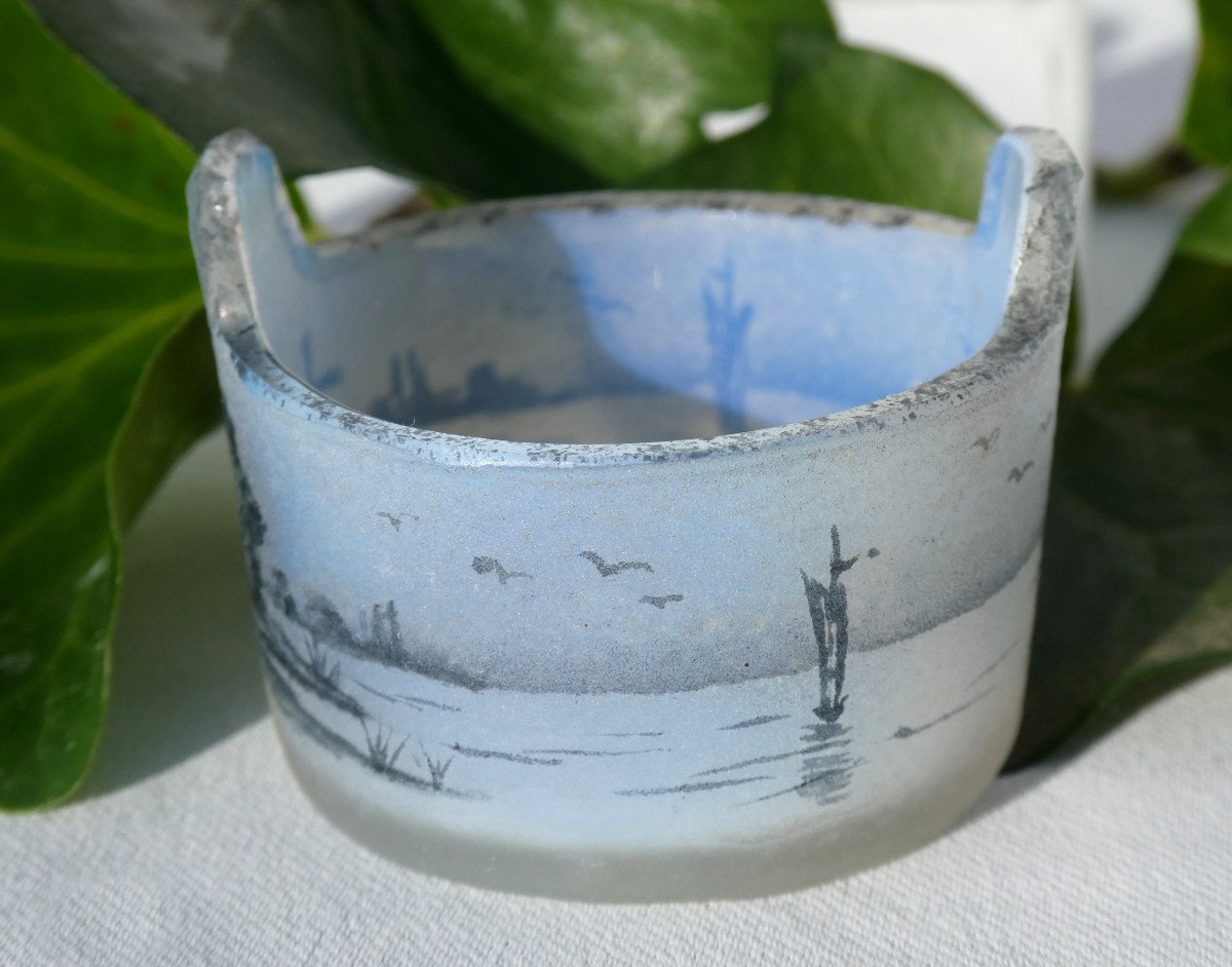 Vase Miniature , Daum Nancy , époque Fin XIXe Siecle , Décor Au Voilier , Panier Colporteur -photo-4