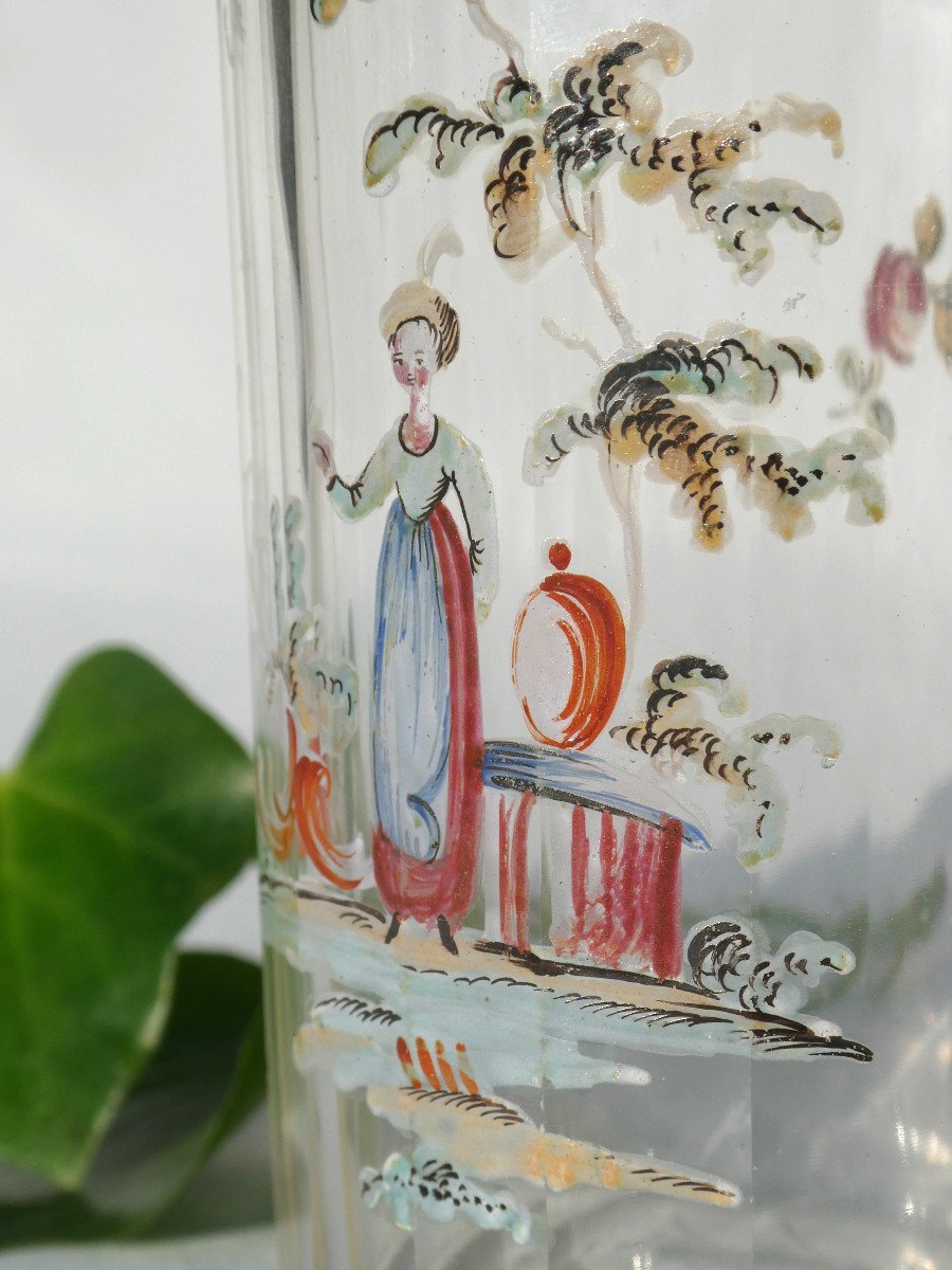 Verre / Gobelet à Pans Coupés En Verre émaillé à Décor De Jeune Femme époque XVIIIe Siecle-photo-4