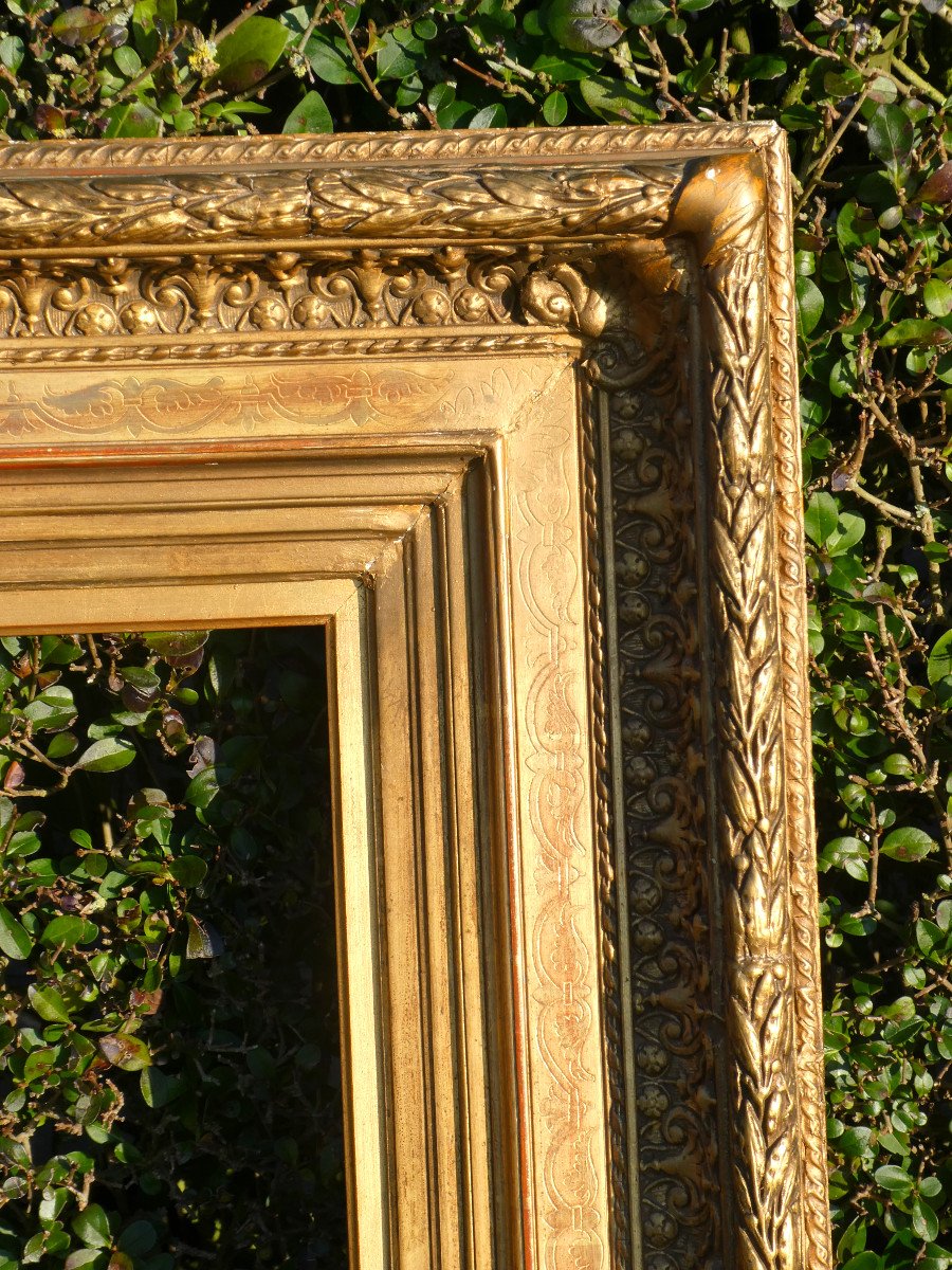 Grande Cadre En Bois & Stuc Doré De Style Napoléon III , Guirlandes De Feuillage , Huile Sur Toile , Miroir , Encadrement-photo-3