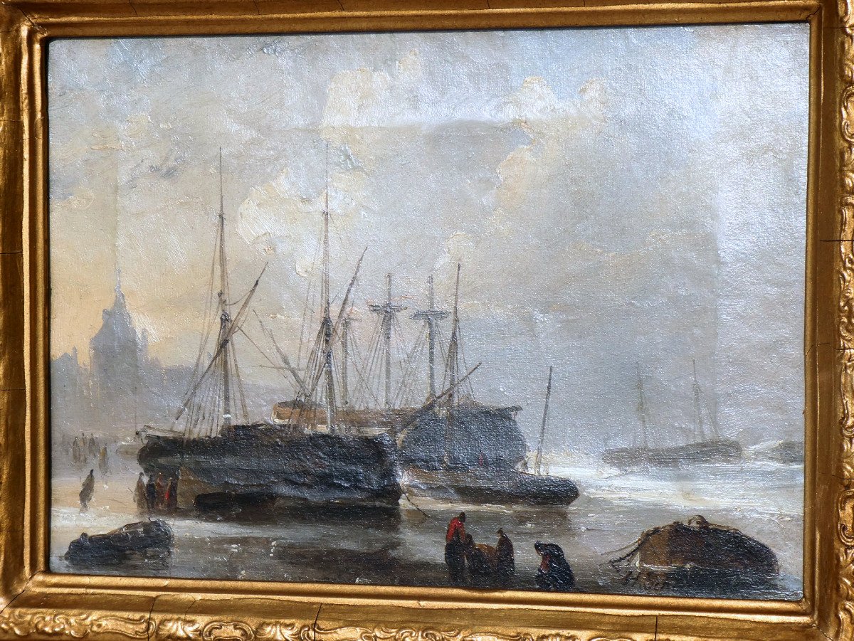 Huile Sur Toile Signée Henri Adolphe Schaep , Marine école Romantique XIXe , Port d'Anvers , Voiliers et pêcheurs-photo-2