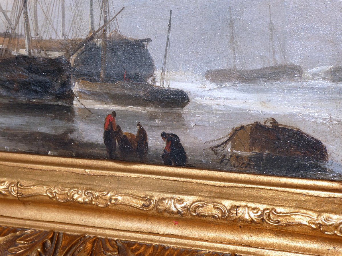 Huile Sur Toile Signée Henri Adolphe Schaep , Marine école Romantique XIXe , Port d'Anvers , Voiliers et pêcheurs-photo-3