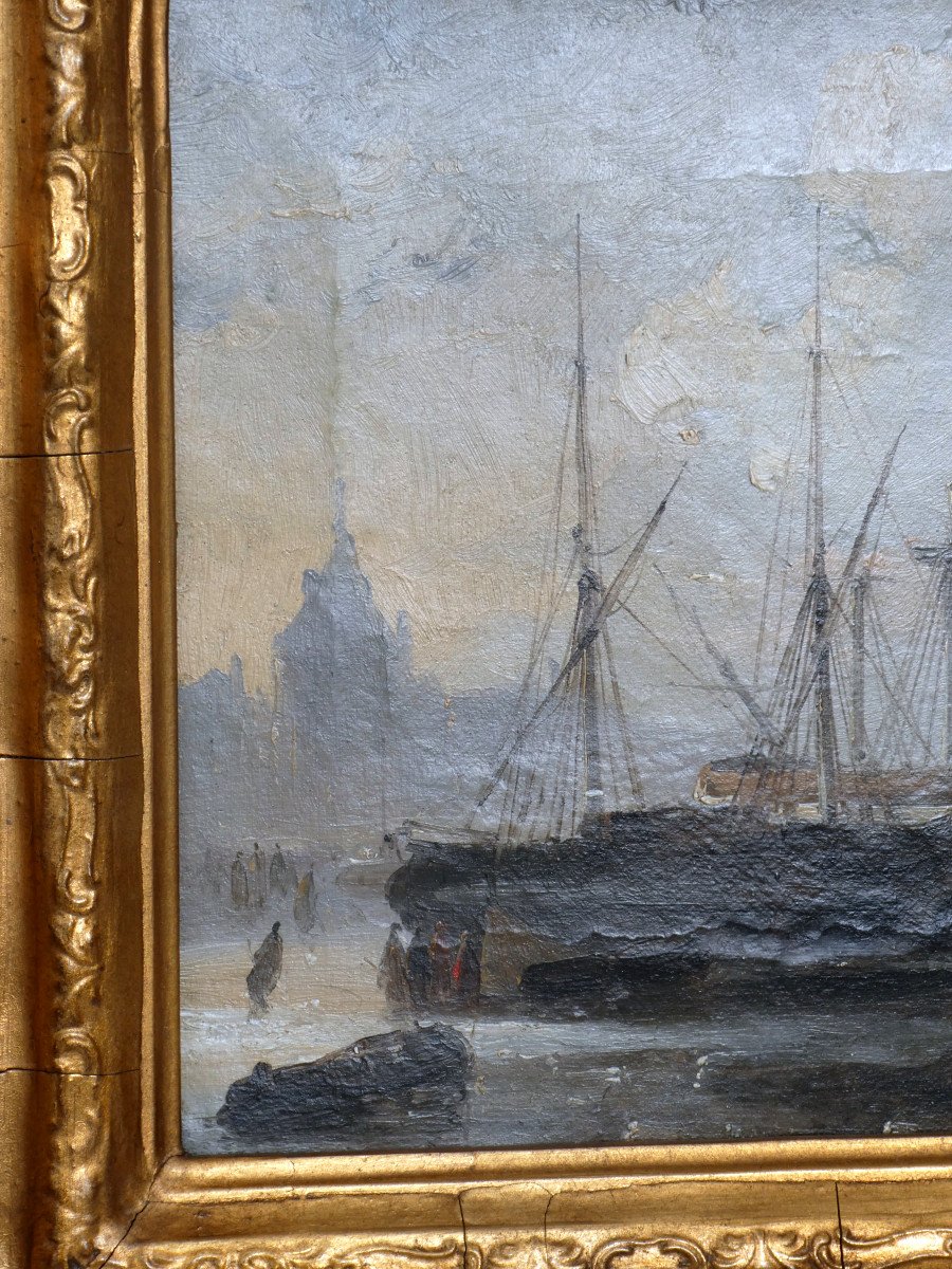 Oil On Canvas Signed By Henri Adolphe Schaep, Nineteenth Romantic School Navy, Port Of Antwerp-photo-2