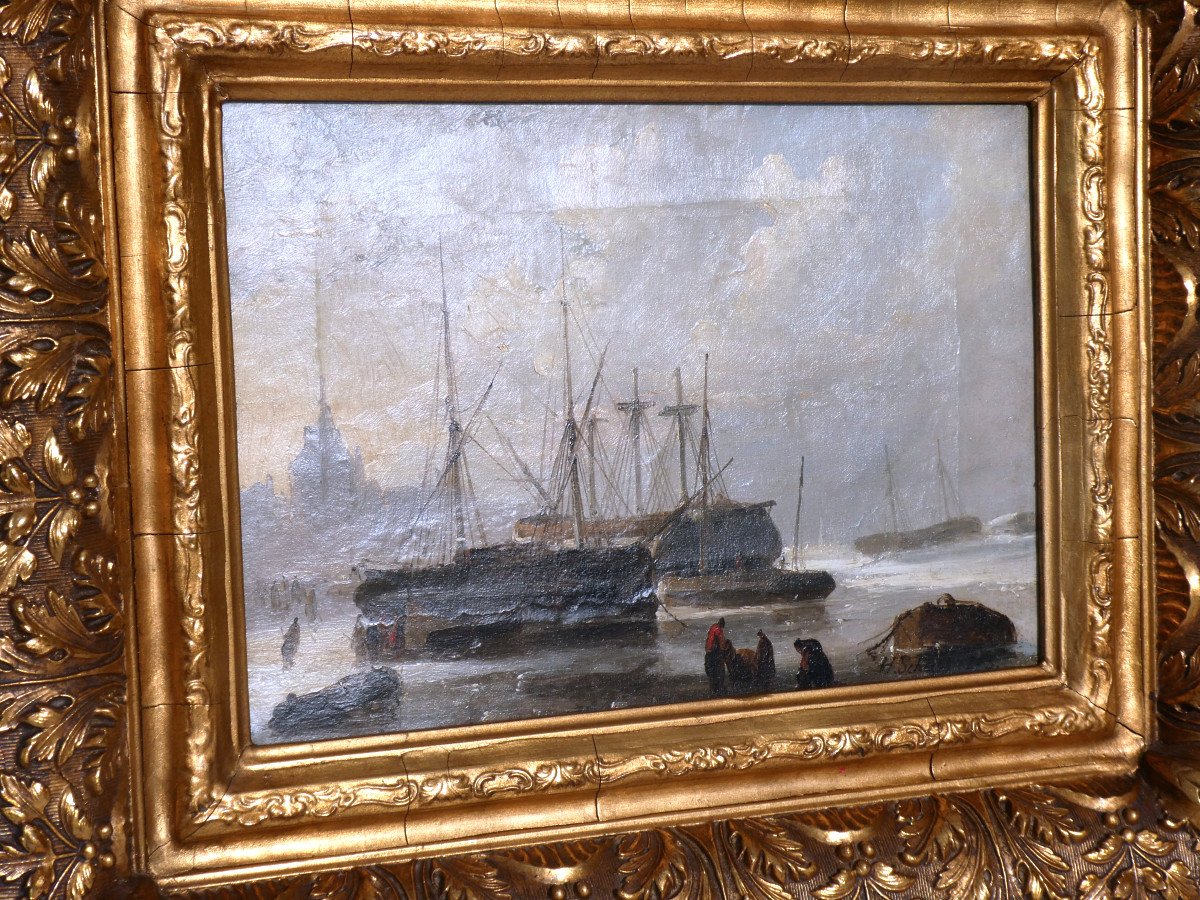 Huile Sur Toile Signée Henri Adolphe Schaep , Marine école Romantique XIXe , Port d'Anvers , Voiliers et pêcheurs-photo-5