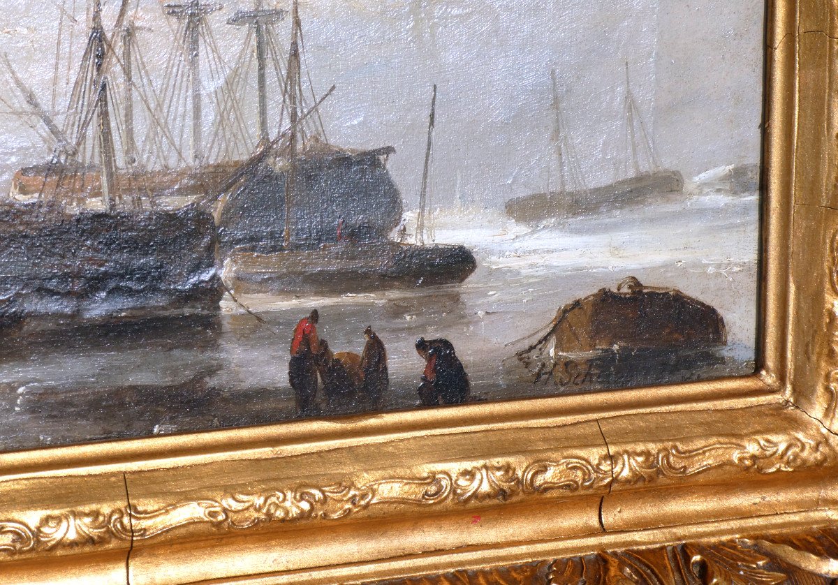 Huile Sur Toile Signée Henri Adolphe Schaep , Marine école Romantique XIXe , Port d'Anvers , Voiliers et pêcheurs-photo-6