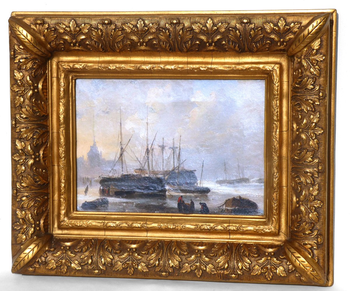 Oil On Canvas Signed By Henri Adolphe Schaep, Nineteenth Romantic School Navy, Port Of Antwerp