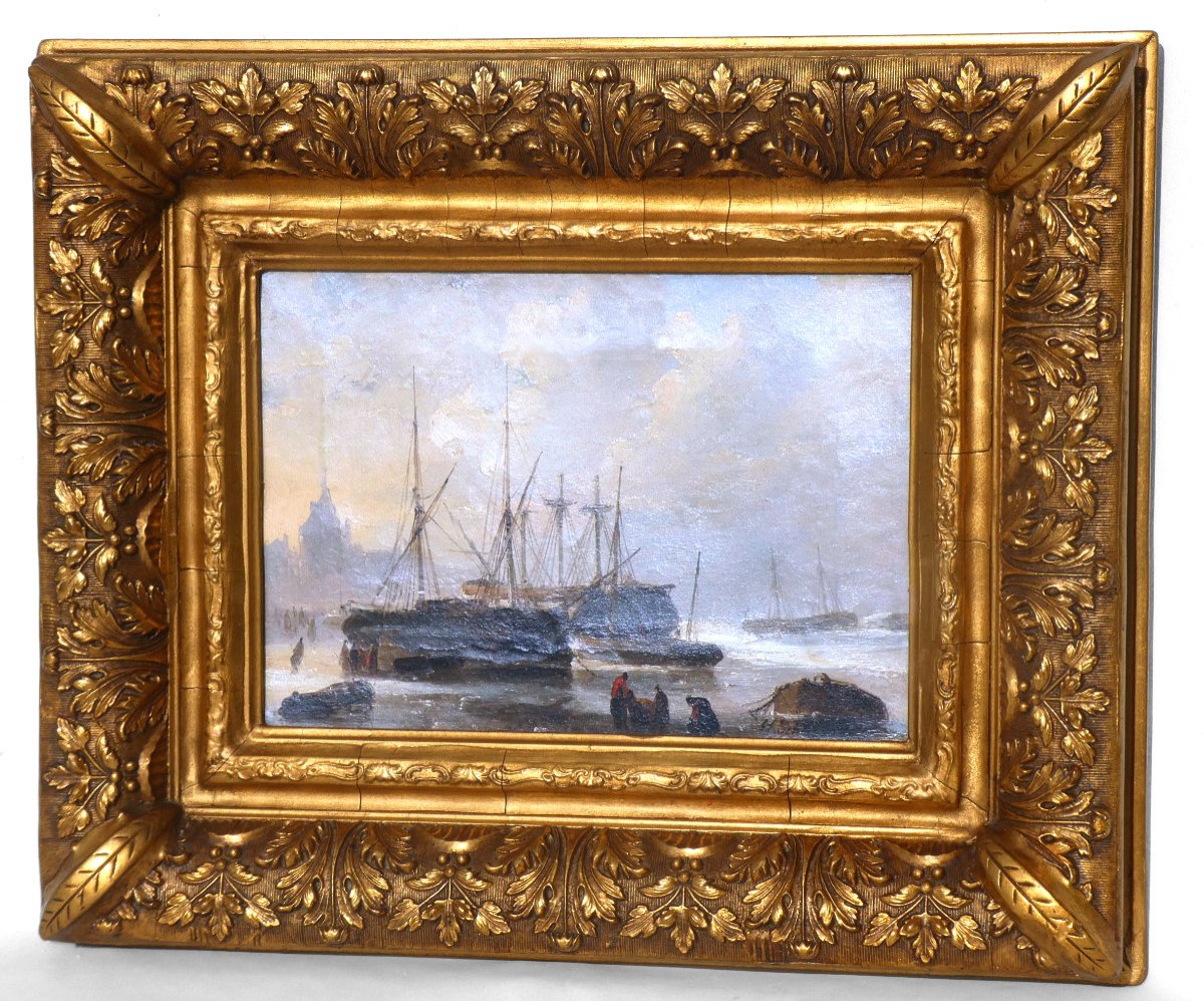 Huile Sur Toile Signée Henri Adolphe Schaep , Marine école Romantique XIXe , Port d'Anvers , Voiliers et pêcheurs