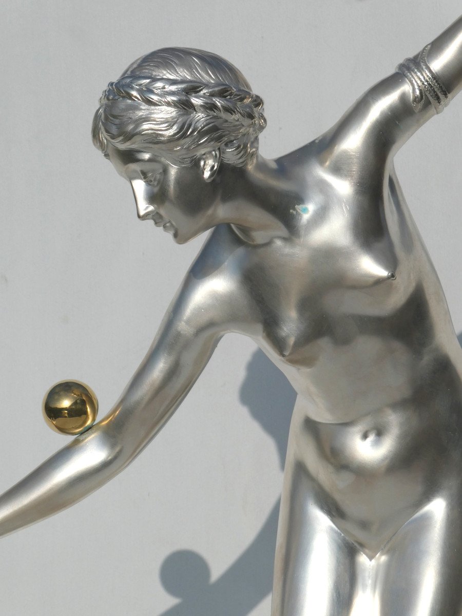 Grand Bronze  Argenté Art Deco , Danseuse Nue Aux Balles , Ferdinand Lugerth , Femme Jongleuse-photo-2