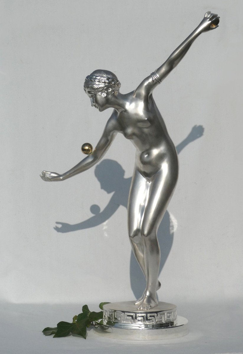 Grand Bronze  Argenté Art Deco , Danseuse Nue Aux Balles , Ferdinand Lugerth , Femme Jongleuse-photo-6