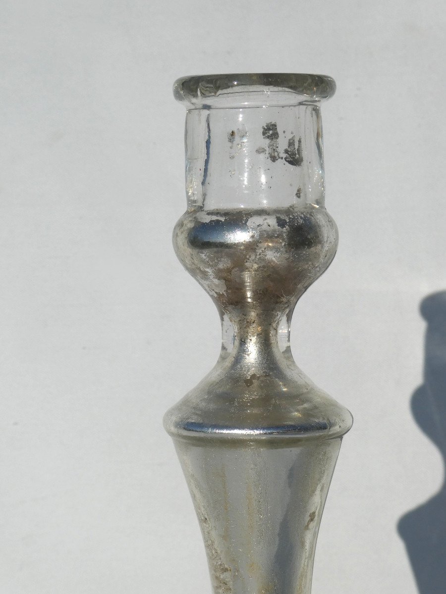 Candlestick In Eglomized / Mercurized Glass, Napoleon III Period, Nineteenth Flambeau Candlestick-photo-2