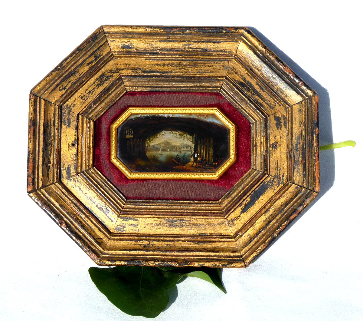 Peinture Miniature Fixée Sous Verre , Encadrement / Cadre En Or XIXe Scène Napolitaine 1800