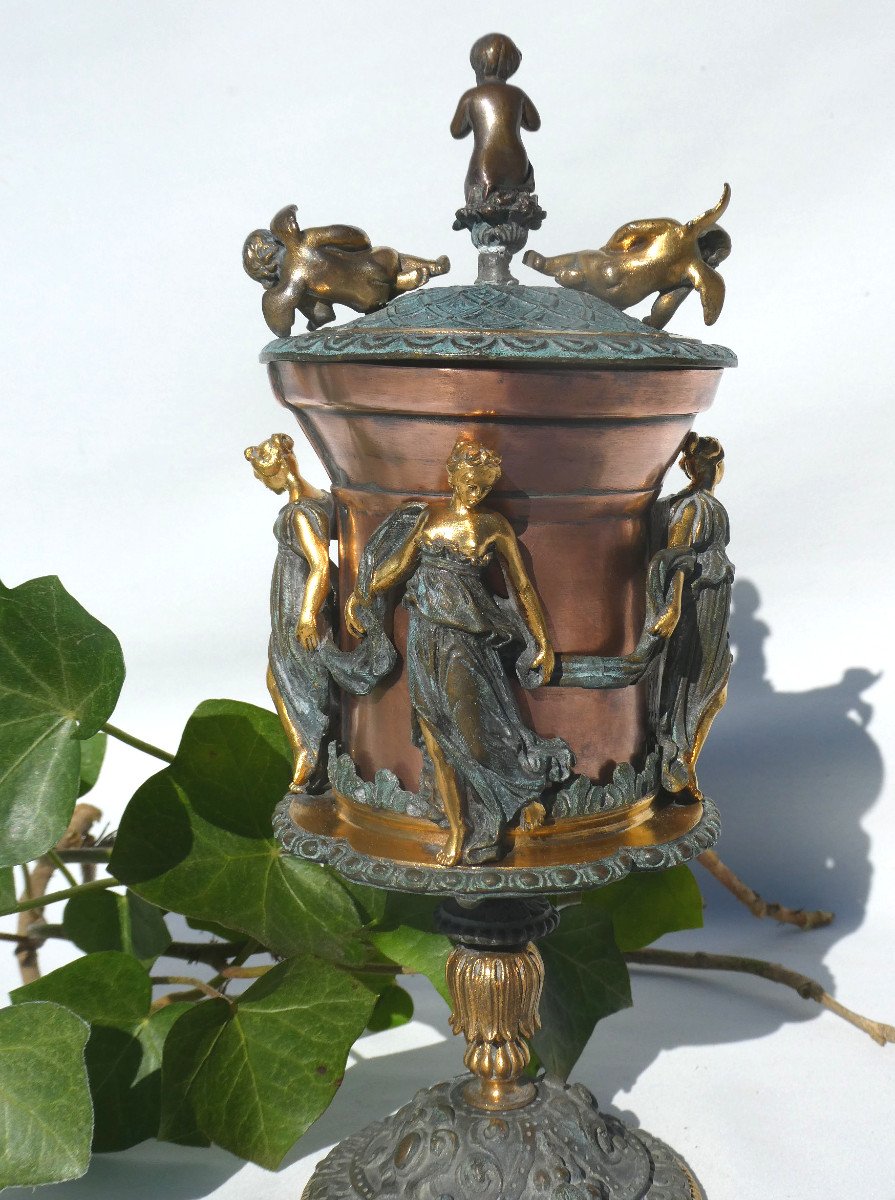 Drageoir / Brule Parfum époque Napoléon III Style Grand Tour , Bronze à l'Antique XIXe , Coupe Montée , Décor de vestales-photo-4