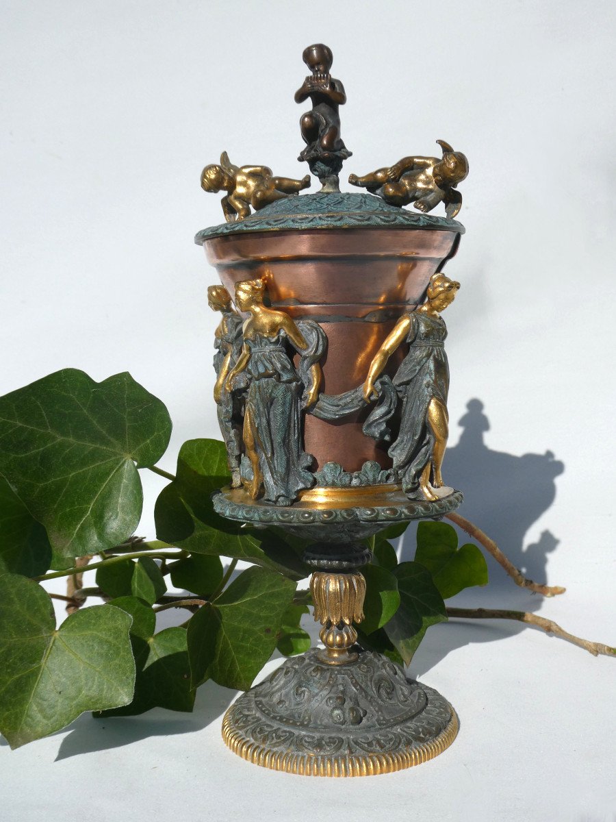 Drageoir / Brule Parfum époque Napoléon III Style Grand Tour , Bronze à l'Antique XIXe , Coupe Montée , Décor de vestales