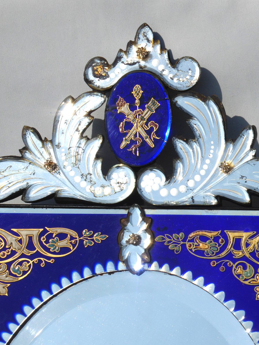 Grand Miroir Murano époque Napoléon III , Eglomisé & Verre Bleu Cobalt Style Louis XVI Coiffeuse XIXe-photo-2