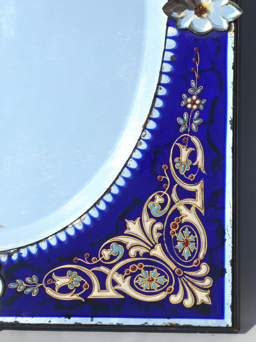 Grand Miroir Murano époque Napoléon III , Eglomisé & Verre Bleu Cobalt Style Louis XVI Coiffeuse XIXe-photo-1