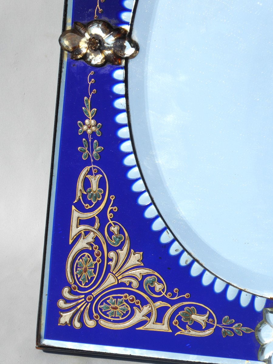 Large Napoleon III Period Mirror, Eglomized & Cobalt Blue Glass Louis XVI Style 19th Century Dressing Table Murano-photo-2