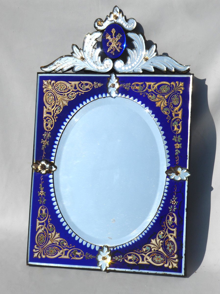 Grand Miroir Murano époque Napoléon III , Eglomisé & Verre Bleu Cobalt Style Louis XVI Coiffeuse XIXe