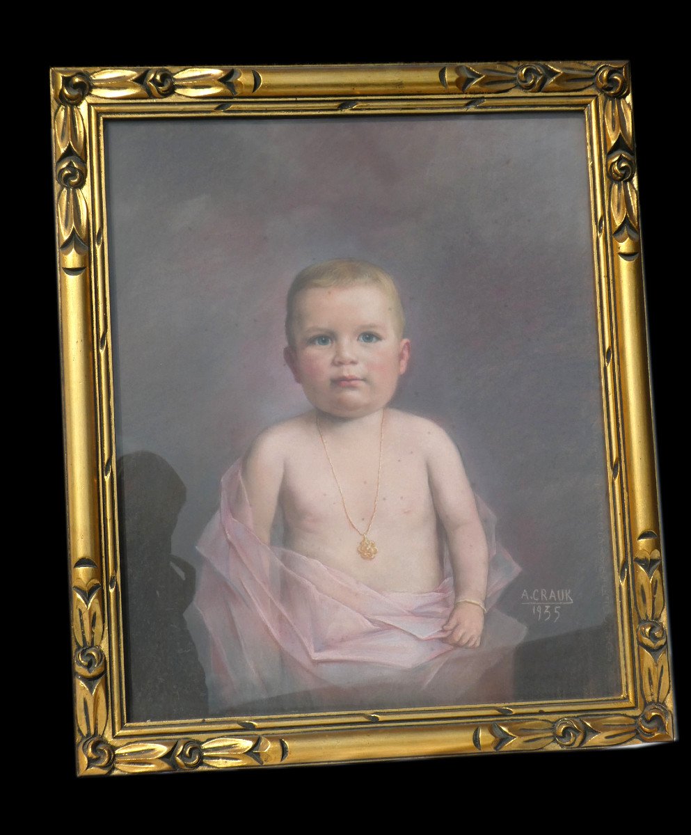 Portrait d'Enfant époque 1930 , Bébé , Pastel Signé Adolphe Crauk 1935 Art Deco Cadre Bois Doré Valenciennes-photo-4